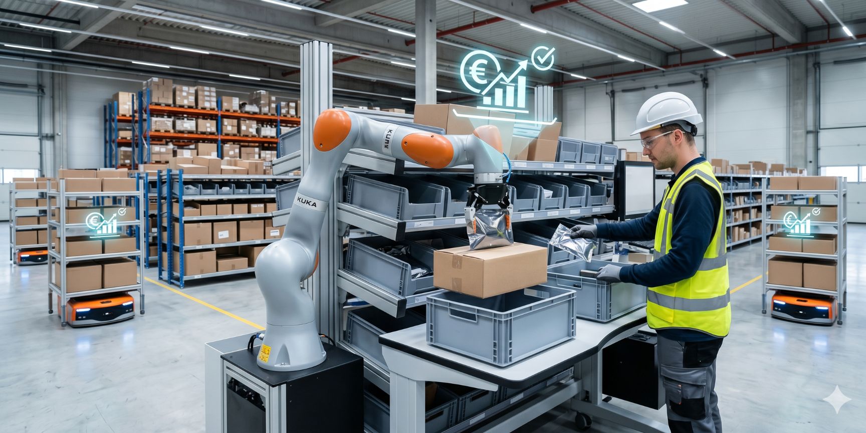 Multi-user logistics property as a service: A sprawl of modern warehouse areas at dusk, interspersed with glowing data flows and shared RaaS infrastructures that visualize flexibility in contract logistics.